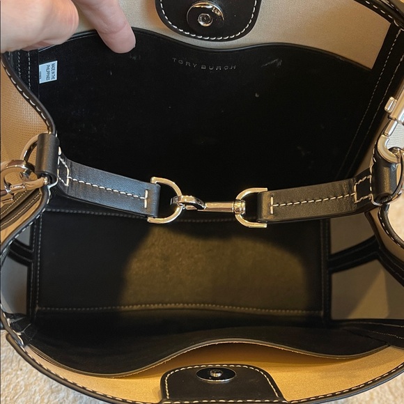 Tory Burch Ivory Canvas Bucket Bag with Black Trim - Picture 8 of 10